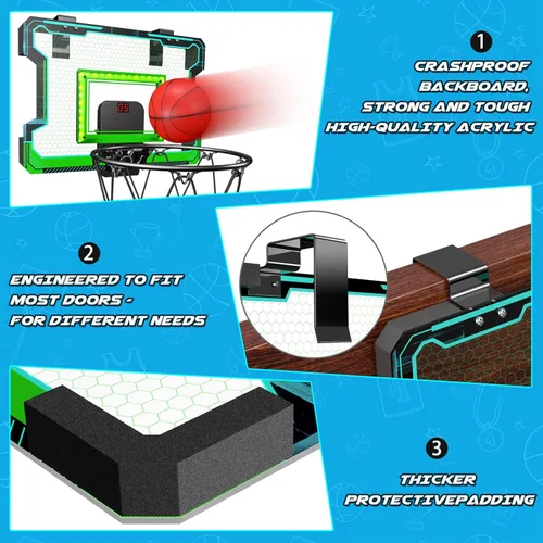 Vista 9 de OKKIDY Mini aro de baloncesto para interiores, aro de baloncesto iluminado con marcador LED electrónico, pequeños juguetes de baloncesto al aire