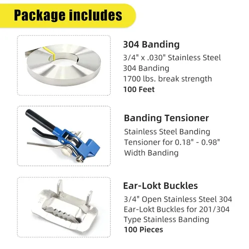 Vista 2 de Kit de herramientas tensoras de bandas de flejado de embalaje, bobina de bandas de acero inoxidable 304 de 3/4 "x 100 pies, 100 hebillas Ear-Lokt.