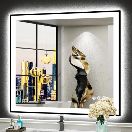 Vista 49 de Espejo de baño LED de 48 x 30 pulgadas con luces, retroiluminado + frontal iluminado, espejo de tocador con luz antiniebla para pared de baño con 3