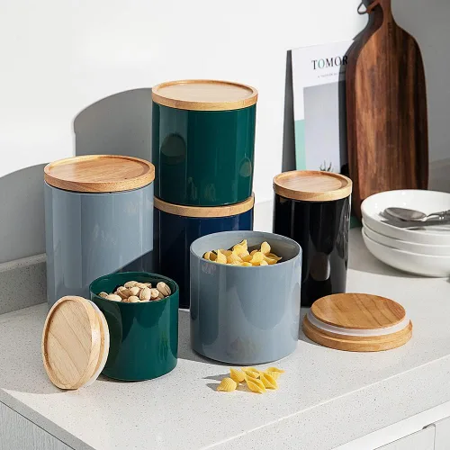 Vista 5 de SWEEJAR – Recipiente de cerámica para almacenamiento de alimentos, recipientes apilables con tapa hermética de madera para servir café molido, té