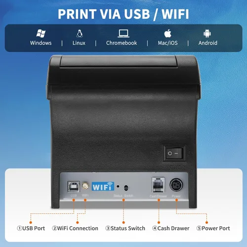 Vista 5 de NETUM Impresora térmica del recibo de 262.5 ft m, impresora de la posición de WiFi con el cortador automático, puerto LAN Ethernet serie USB soporte