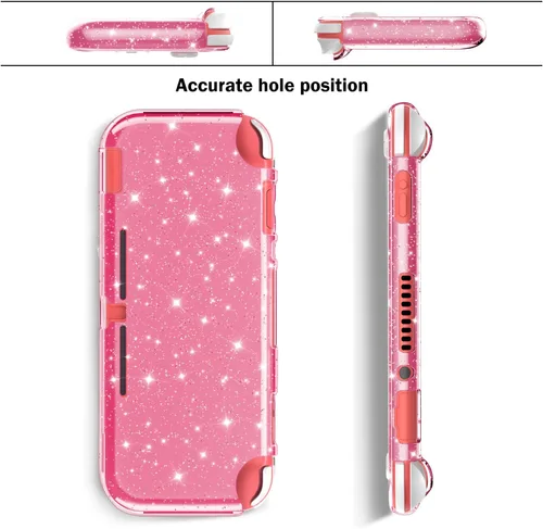 Vista 5 de DLseego Funda protectora con purpurina rosa para Switch Lite, cubierta de TPU suave de cristal transparente con absorción de golpes y diseño