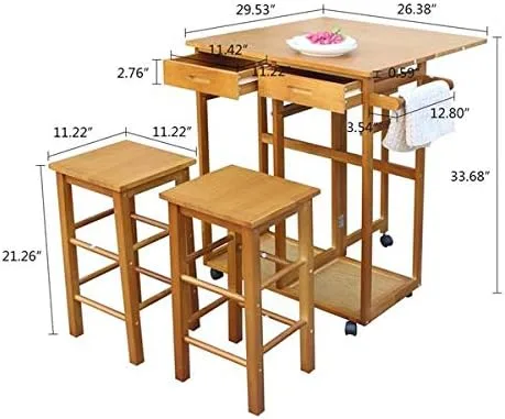 Vista 5 de Juego de mesa de comedor de 3 piezas con ruedas, 2 cajones, 2 sillas cuadradas, hoja plegable, mesa de cocina pequeña (marrón)