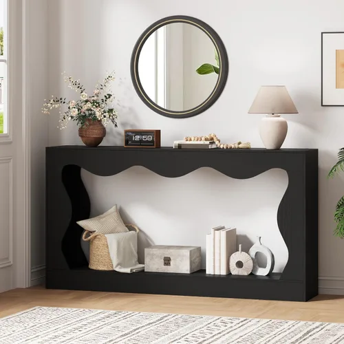 Vista 4 de HUANLEGO 63" Console Table for Entryway with LED Lights & Outlet, Black