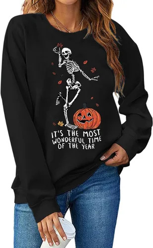 Vista 3 de YI XIANG RAN Sudadera de Halloween para mujer, diseño de esqueletos, estilo vintage, informal, holgada, cuello redondo, sin botones