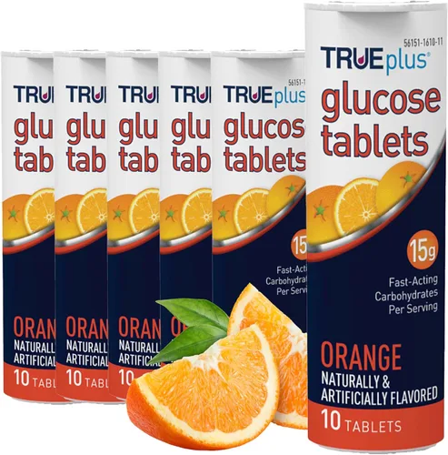 TRUEplus Tabletas de glucosa, masticables, sabor a naranja, 0.53 oz de carbohidratos de acción rápida, sin grasa, sin gluten, aumentan el nivel bajo