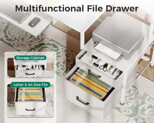 Vista 6 de AODK Escritorio para computadora con cajones y bandeja para teclado, escritorio de oficina de 48 pulgadas con toma de corriente y luces LED