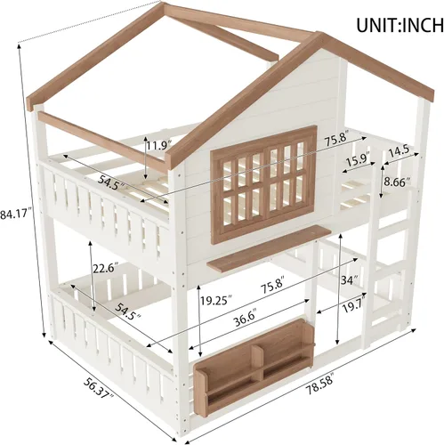 Vista 196 de Cama de casa de tamaño individual con elegantes ventanas y estantería, litera con diseño de castillo de madera con barandillas de seguridad