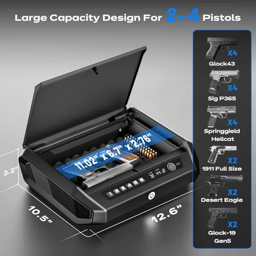 Vista 6 de Caja de seguridad para armas con pantalla LCD, acceso rápido ≤0.1s para pistolas de 2-4, caja de seguridad para armas de mano con huella digital