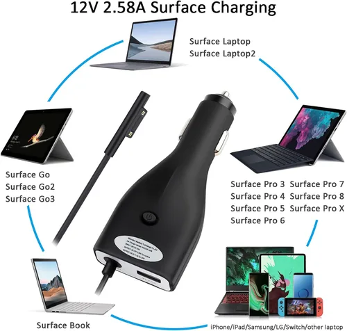 Vista 5 de Cargador de coche Surface de 42 W, 12 V, 2.58 A, fuente de alimentación para Microsoft Surface Pro 3/Pro 4/Pro 5/Pro 6, Surface Book, Surface Go