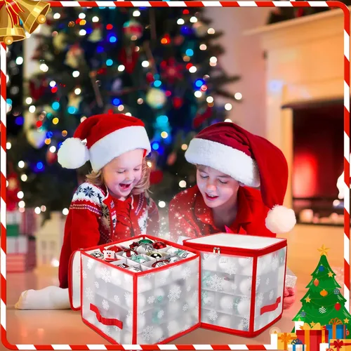 Vista 7 de Saintrygo 2 cajas de almacenamiento de adornos navideños con 64 compartimentos con cremallera, caja de plástico de vinilo con asas, 12 pulgadas