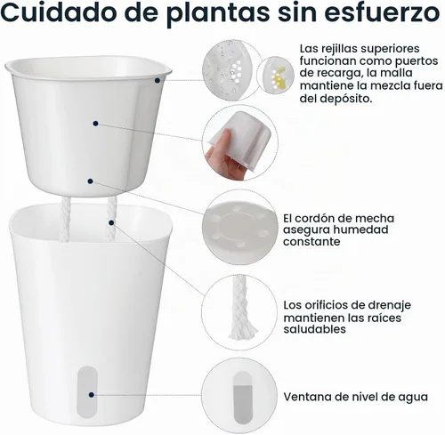Vista 3 de Paquete de 8 macetas de riego automático de 4 pulgadas para plantas de interior, taza interior transparente, pequeñas macetas de plástico blanco