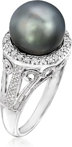 Vista 3 de Ross-Simons 11-12mm Black Cultured Tahitian Pearl Ring With .20 ct. t.w. White Topaz in Sterling Silver