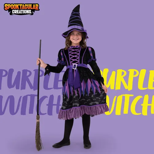 Vista 2 de Spooktacular Creations Disfraz de bruja púrpura para niñas disfraz de murciélago de bruja de cuento de hadas con sombrero disfraz de bruja malvada