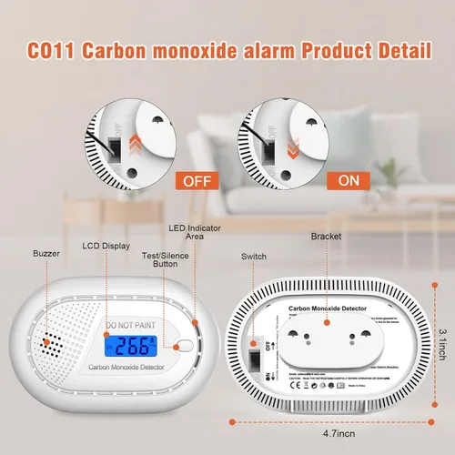 Vista 2 de Detectores de monóxido de carbono con batería de 10 años, pantalla LCD digital, luces LED intermitentes de señal, monitor de CO portátil, alarma