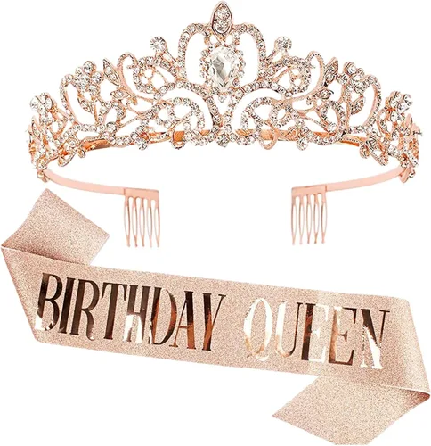 Vista 7 de Birthday Sash and Tiara - Birthday Crown Women - Alloy Head Crown with Comb Design with Rhinestones for Ceremonial Accessories