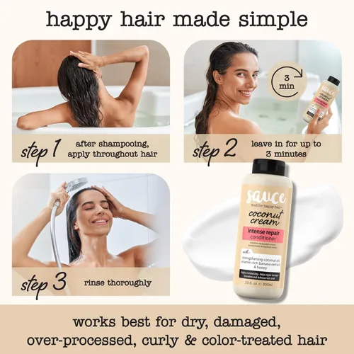 Vista 6 de SAUCE BEAUTY Acondicionador de crema de coco para cabello seco, dañado, encrespado y rizado con aceite de coco, sin parabenos ni sulfatos, 10 onzas