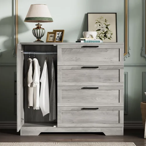 Vista 9 de GarveeHome Cómoda de madera multifuncional para dormitorio, 43.3 pulgadas de alto, armario ropero de 2 puertas con 4 cajones y barra para colgar