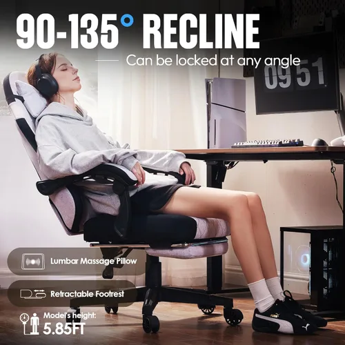 Vista 5 de Dowinx Silla de tela para videojuegos, silla ergonómica para computadora con reposapiés y cojín de resorte de bolsillo, silla de videojuegos de Gris