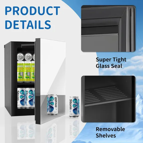 Vista 2 de Erivess Refrigerador de bebidas de 24 latas/20L y mini refrigerador para el cuidado de la piel con puerta frontal con espejo y control