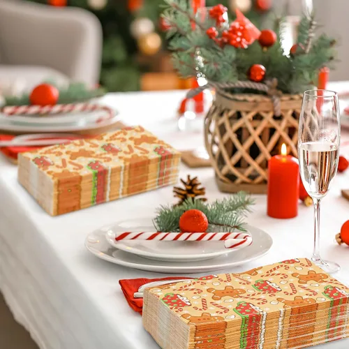 Vista 4 de AnyDesign Paquete de 100 servilletas de papel desechables de Navidad para invitados, pan de jengibre, hombre, bastón de caramelo, copo de nieve