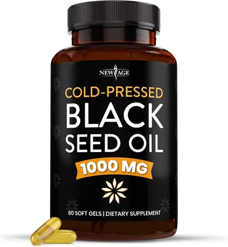 NEW AGE Cápsulas de gel blando de aceite de semilla negra, prensado en frío de alta calidad, Nigella sativa que produce aceite de semilla de comino