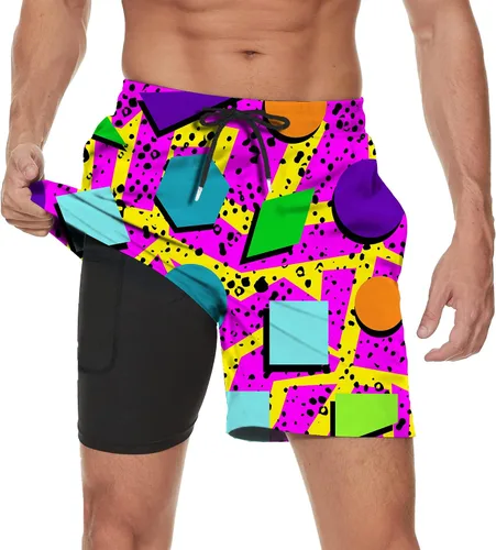 Vintage 80s Memphis - Pantalones cortos de playa para hombre, cintura elástica, de secado rápido
