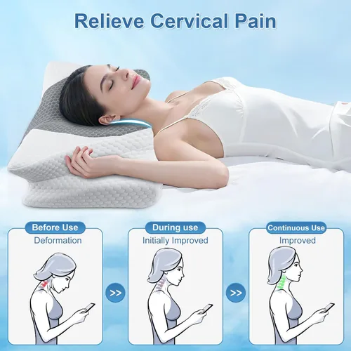 Vista 6 de SAHEYER Almohada cervical para el cuello, almohada de espuma viscoelástica para aliviar el dolor de cuello y ronquidos, almohada ergonómica para Gris