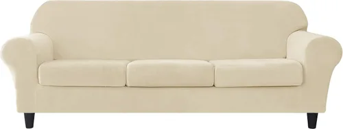 Vista 40 de CONRUSER Funda elástica para sofá, funda de terciopelo suave para sofá de un solo asiento con funda de cojín, protector de muebles (beige, talla S)