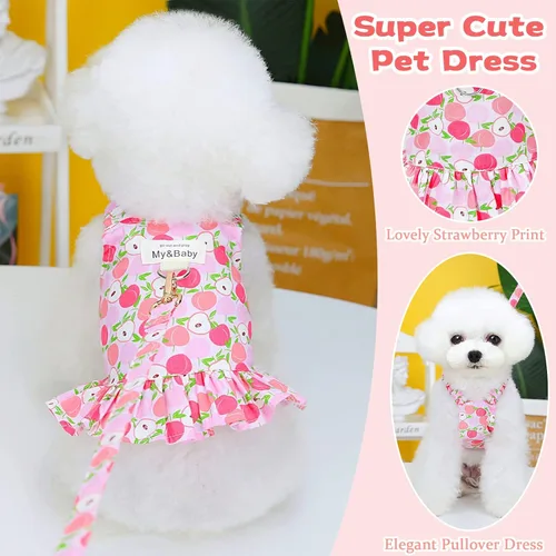 Vista 4 de Juego de arnés y correa para perro pequeño, vestidos de princesa para cumpleaños, vestidos de cachorro con estampado de frutas suaves, ropa
