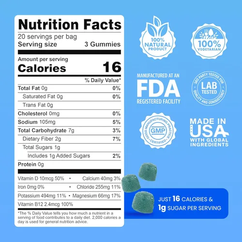 Vista 2 de Day One Electrogummies - 60 gomitas de electrolitos con sabor a frambuesa azul para hidratación y recuperación, repletas de electrolitos esenciales