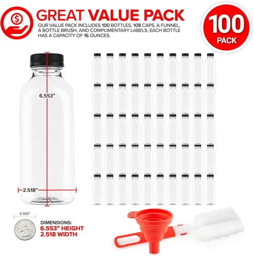 Vista 2 de Botellas de jugo con tapas para jugos y licuados, botellas de plástico vacías transparentes reutilizables con tapas, recipientes de bebida de 16