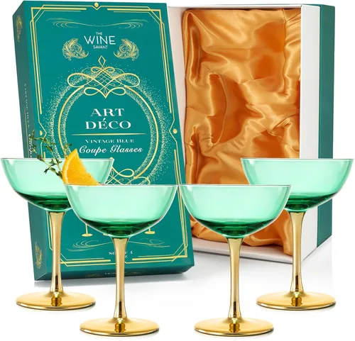 Vista 6 de Copas de colores Coupe Art Deco doradas, juego de 2, cristalería clásica de cóctel de 12 onzas para champán, martini, Manhattan, sidecar, tallos