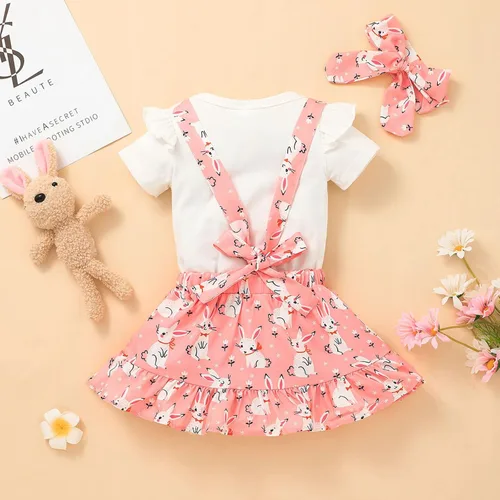Vista 3 de AIMAOMI Baby Girl Easter Dress Outfit Newborn Short Sleeve Romper nesie Bunny Easter Eggs Suspender Skirt Headband