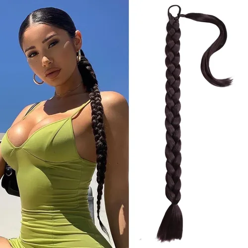 Vista 12 de Extensiones de cabello sintético de 32 pulgadas de largo trenzadas para mujer, extensiones de cabello lacio envolvente con banda para el cabello