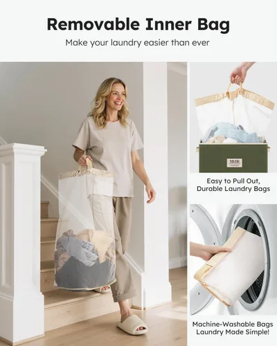 Vista 4 de SOLEDI - Canasta de lavandería con tapa de 100L, canasta de ropa plegable grande y alta, cesta de lavandería con bolsa removible fácil