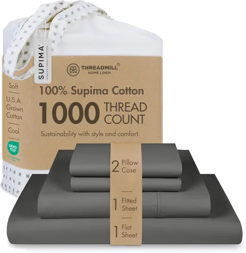 Vista 13 de Threadmill Sábanas de lujo de algodón Supima, sábanas de 100% algodón suave de 1000 hilos de lujo para cama tamaño matrimonial, juego de 4 sábanas