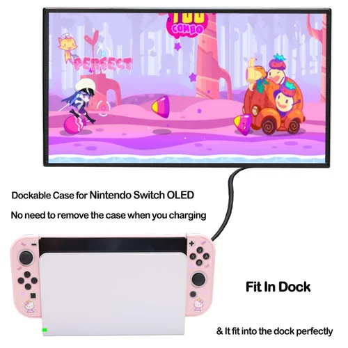 Vista 3 de Paquete de accesorios para Nintendo Switch OLED - Kit de accesorios Kawaii NS Oled rosa con funda de transporte de dibujos animados, funda