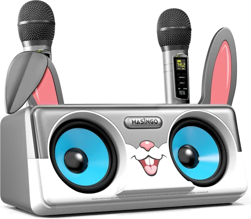 Máquina de karaoke de conejo para niños, niños y niños pequeños con 2 micrófonos inalámbricos Bluetooth, sistema de altavoces PA portátil que