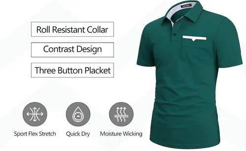 Vista 5 de Enlision Polo para hombre de manga corta de algodón de ajuste regular con bolsillo impreso cuello piqué golf polo