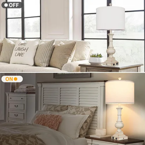 Vista 6 de 26" Farmhouse Table Lamp, Vintage Rustic Touch Control Bedside Lamp with 2 USB Ports & AC Outlet, Boho Resin 3-Way Dimmable Nightstand Lamp Linen