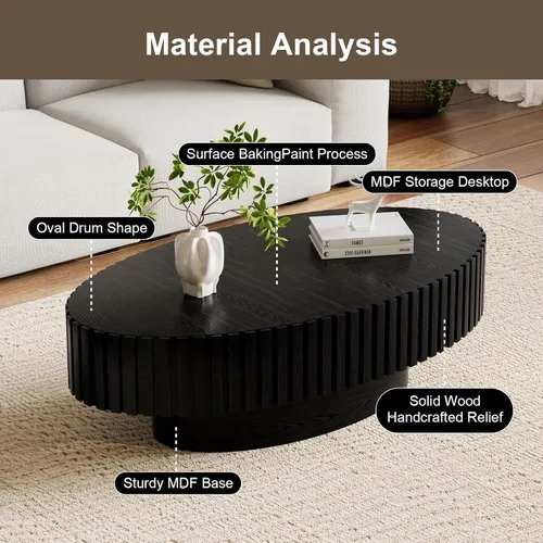 Vista 3 de Oval Drum Coffee Table, Fluted Modern Unique Tea Tables, Center Tables for Living Room, Small Space, Apartment, Farmhouse