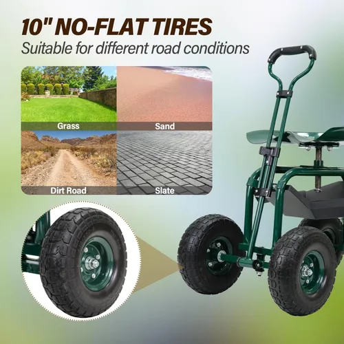 Vista 5 de BESTHLS Carrito de jardín con asiento sobre ruedas, taburete de jardinería con ruedas resistente para plantar con mango de dirección giratorio