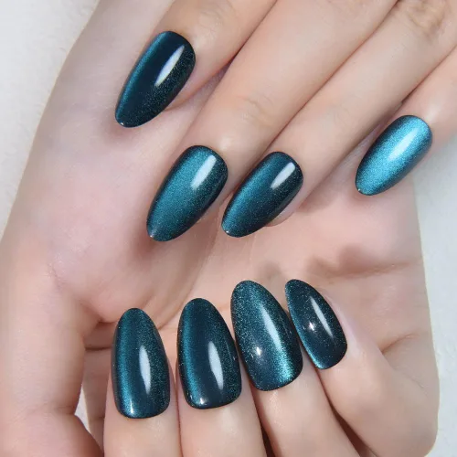 evpct - Uñas postizas de gel a presión con forma de almendra estilo ojo de gato; cortas, con pegamento, reutilizables, acrílicas, holográficas, con