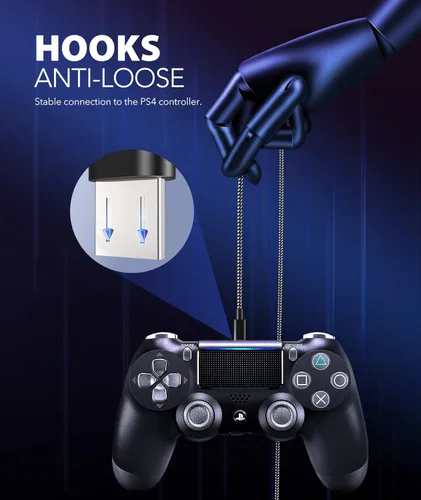 Vista 5 de Cable de carga para controlador PS4 de 10 pies paquete de 2 cables de nailon trenzado extra largo micro USB 20 de alta velocidad compatible