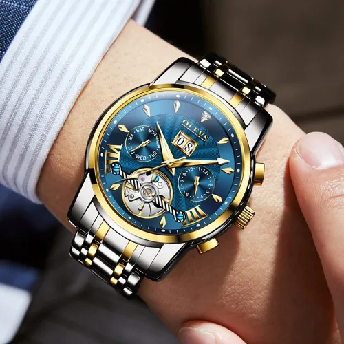 Vista 4 de OLEVS Relojes automáticos de acero inoxidable luminoso de lujo con esqueleto para hombre