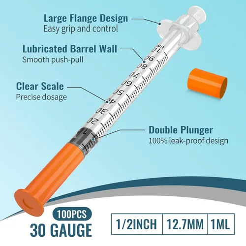 Vista 4 de Jeringas de insulina, 0.0 fl oz, 30G, 1/2" (12.7 mm) con aguja, U-100, envasadas individualmente, paquete de 100