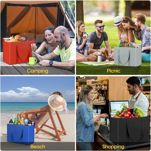 Vista 6 de BALEINE Paquete de 2 bolsas aisladas reutilizables para comestibles, bolsa enfriadora plegable para comestibles, bolsa aislante grande de alta