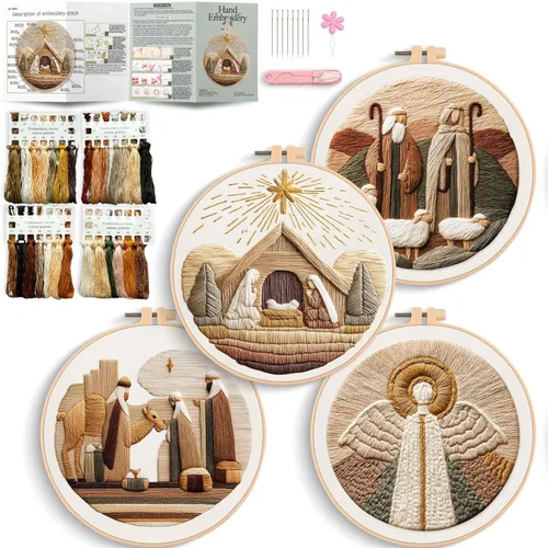 REEWISLY Kit de bordado navideño para adultos principiantes, 4 belenes con 2 aros, kits de punto de cruz contado con hilo dental y agujas, kit de