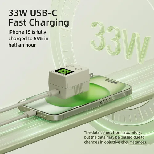 Vista 4 de JINGDU Cargador GaN de 33 W de inspiración retro, enchufe plegable, carga rápida multiprotocolo, diseño compacto, incluye una carga USB C de 3.3 ft